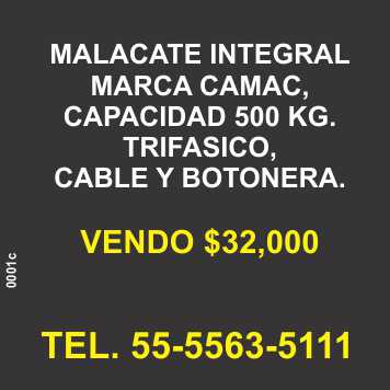 Malacate Integral marca Camac, capacidad 500 kg, trifasico, cable y botonera, en venta $32, Malacate Integral marca Camac, capacidad 500 kg, trifasico, cable y botonera, en venta $32,