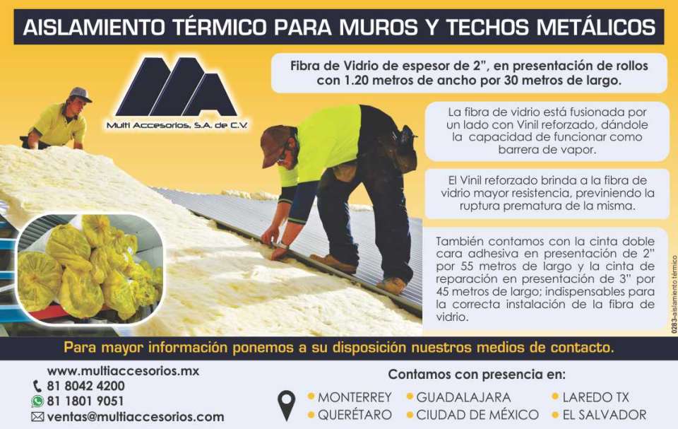 Fibra de vidrio de espesor de 2", en presentacion de rollos con 1.20 metros de ancho por 30 metros de largo. La fibra de vidrio esta fusionada con vinil reforzado Fibra de vidrio de espesor de 2", en presentacion de rollos con 1.20 metros de ancho por 30 metros de largo. La fibra de vidrio esta fusionada con vinil reforzado