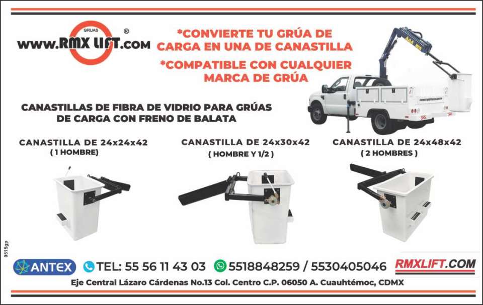 Canastillas de Fibra de vidrio para Gruas de Carga, con freno de balata. Canastillas de 24x24x42 (1 hombre), de 24x30x42 (hombre y 1/2), 24x48x42 (2 hombres). Compatible con cualquier marca de grua.