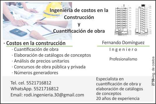 Ingenieria de Costos en la Construccion y Cuantificacion de Obra. Analisis de precios unitarios, Concursos de obra publica y privada, Elaboracion de catalogos de conceptos, Numeros generadores. Ingenieria de Costos en la Construccion y Cuantificacion de Obra. Analisis de precios unitarios, Concursos de obra publica y privada, Elaboracion de catalogos de conceptos, Numeros generadores.