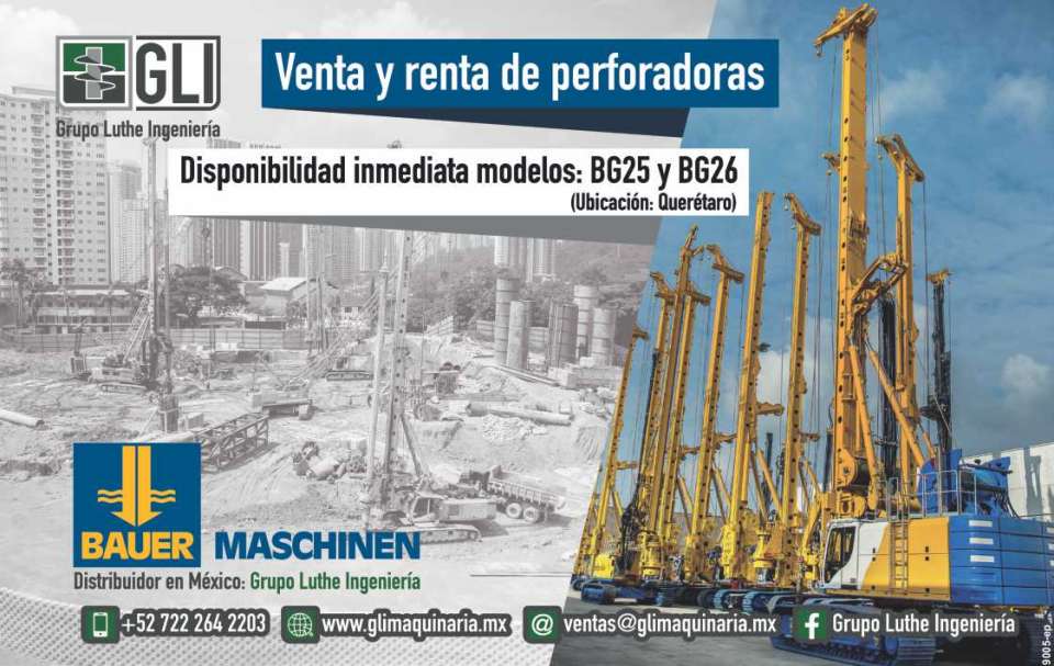 Equipo de Perforacion; Venta y Renta de Perforadoras. Disponibilidad inmediata, modelos: BG25 y BG26 (ubicacion CDMX) BAUER MASCHINEN: Distribuidor en Mexico: Grupo Luthe Ingenieria Equipo de Perforacion; Venta y Renta de Perforadoras. Disponibilidad inmediata, modelos: BG25 y BG26 (ubicacion CDMX) BAUER MASCHINEN: Distribuidor en Mexico: Grupo Luthe Ingenieria