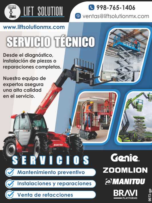 Servicio Tecnico. Desde el Diagnostico, Instalacion de piezas o Reparaciones completas. Mantenimiento preventivo, Instalaciones y Reparaciones. Venta de Refacciones. Genie, Zoomlion, Manitou, Bravi Servicio Tecnico. Desde el Diagnostico, Instalacion de piezas o Reparaciones completas. Mantenimiento preventivo, Instalaciones y Reparaciones. Venta de Refacciones. Genie, Zoomlion, Manitou, Bravi